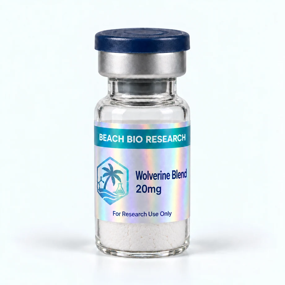 Sample holographic vial label for Wolverine Blend 20mg (BPC-157 10mg + TB-500 10mg)