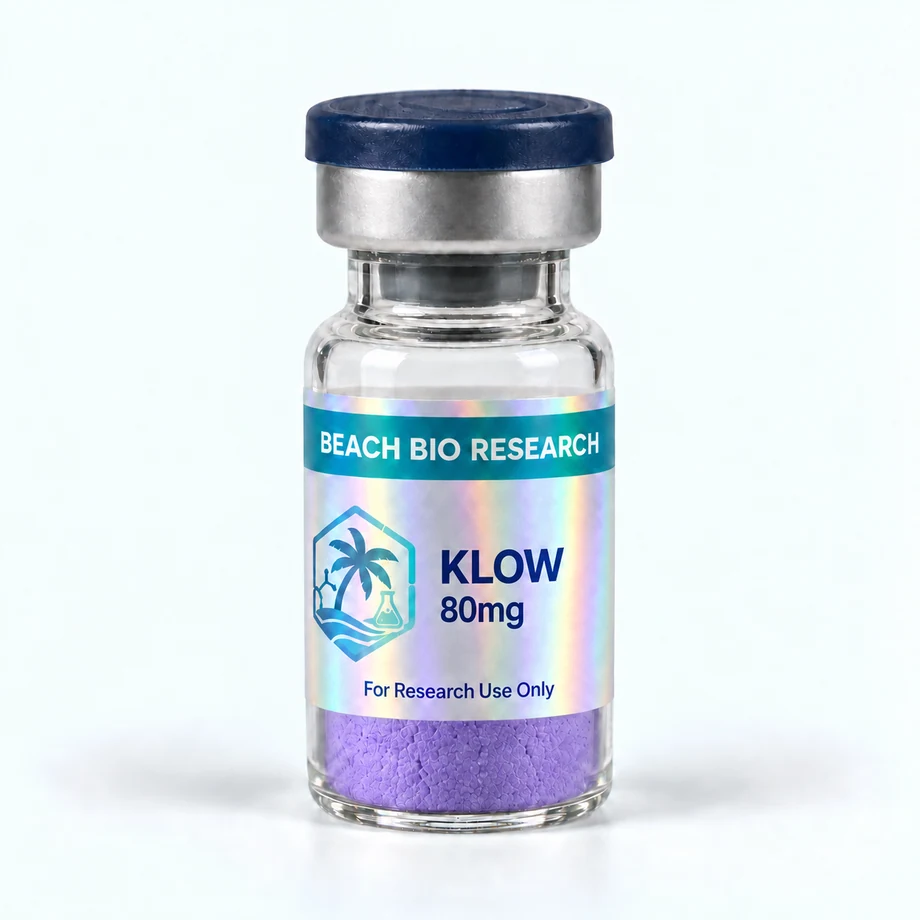 Sample holographic vial label for KLOW 80mg (GHK-Cu 50mg, BPC-157 10mg, TB-500 10mg, KPV 10mg)